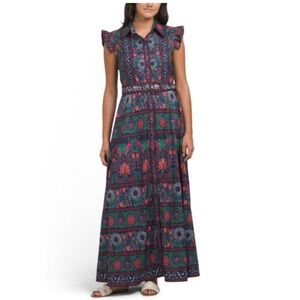 DAILIA MACPHEE Womens M Navy Blue Floral Maxi Button Front Ruffle Sleeve A-Line